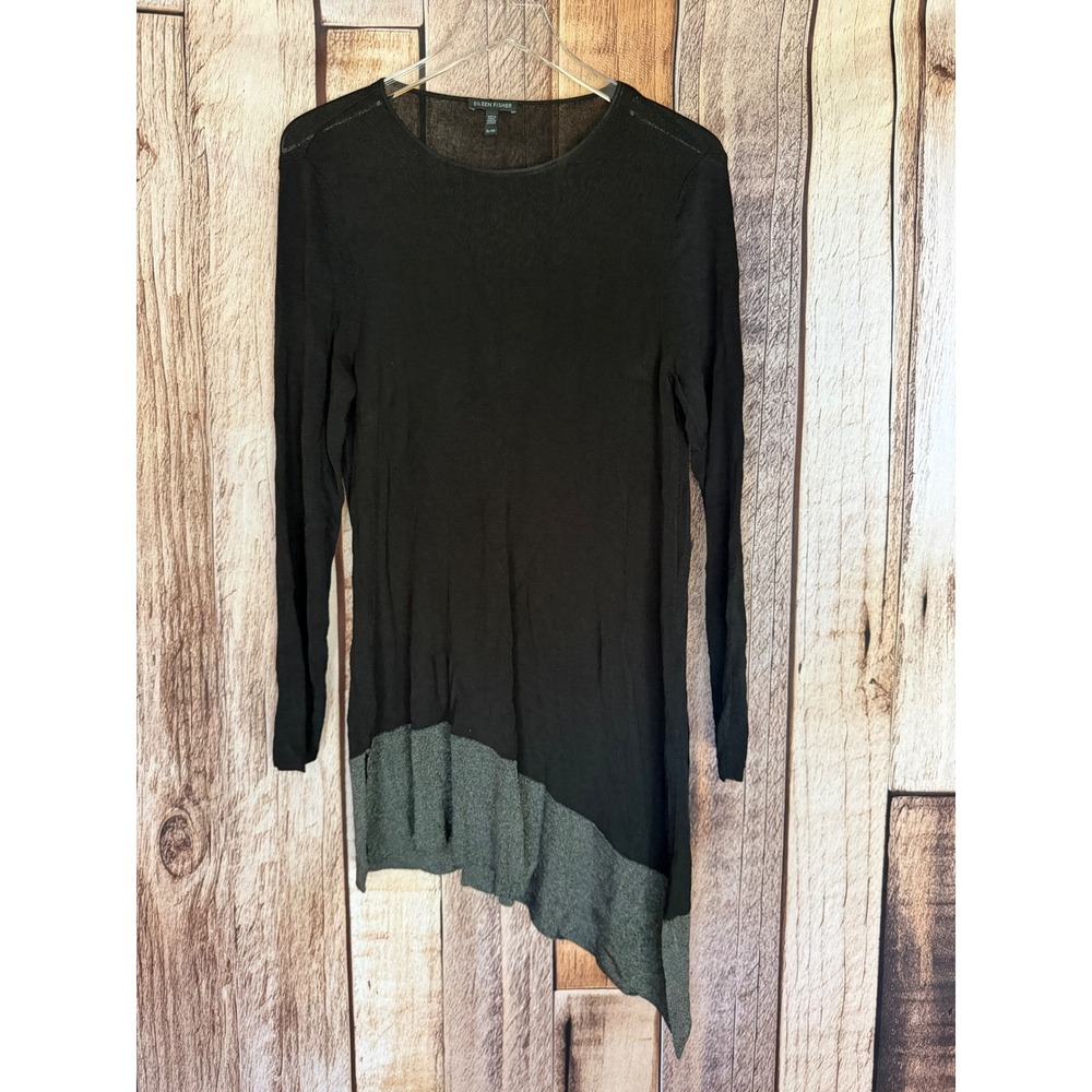 Eileen Fisher Top Asymmetrical Metallic Silver Black Colorblock Lagenlook XL